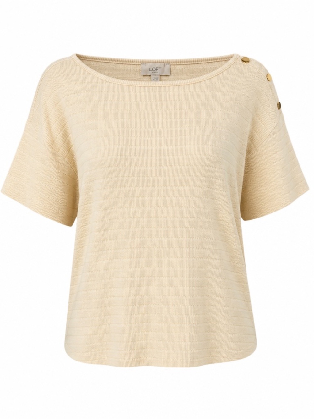 LOFT Costal Grandma Cream Short Sleeve Knit Top with Gold Shoulder Buttons Sz L
